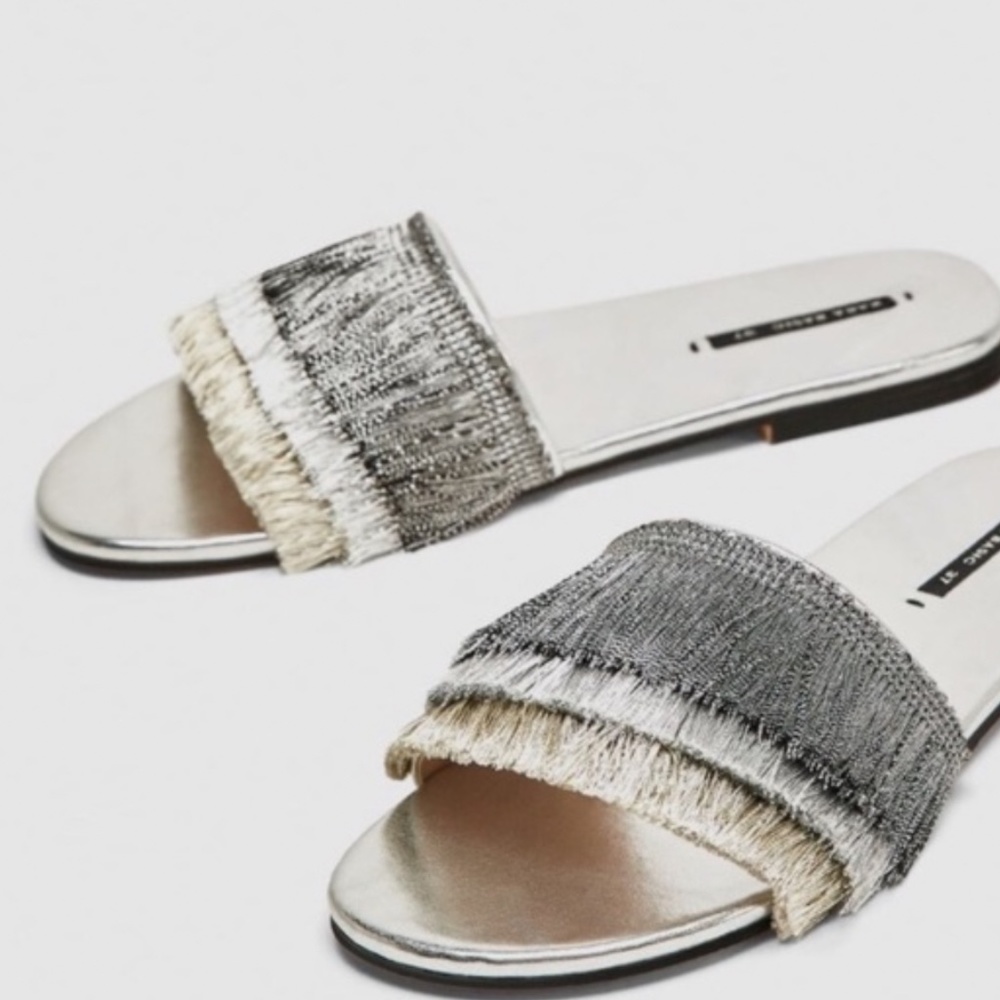 Zara NWT fringe silver slides